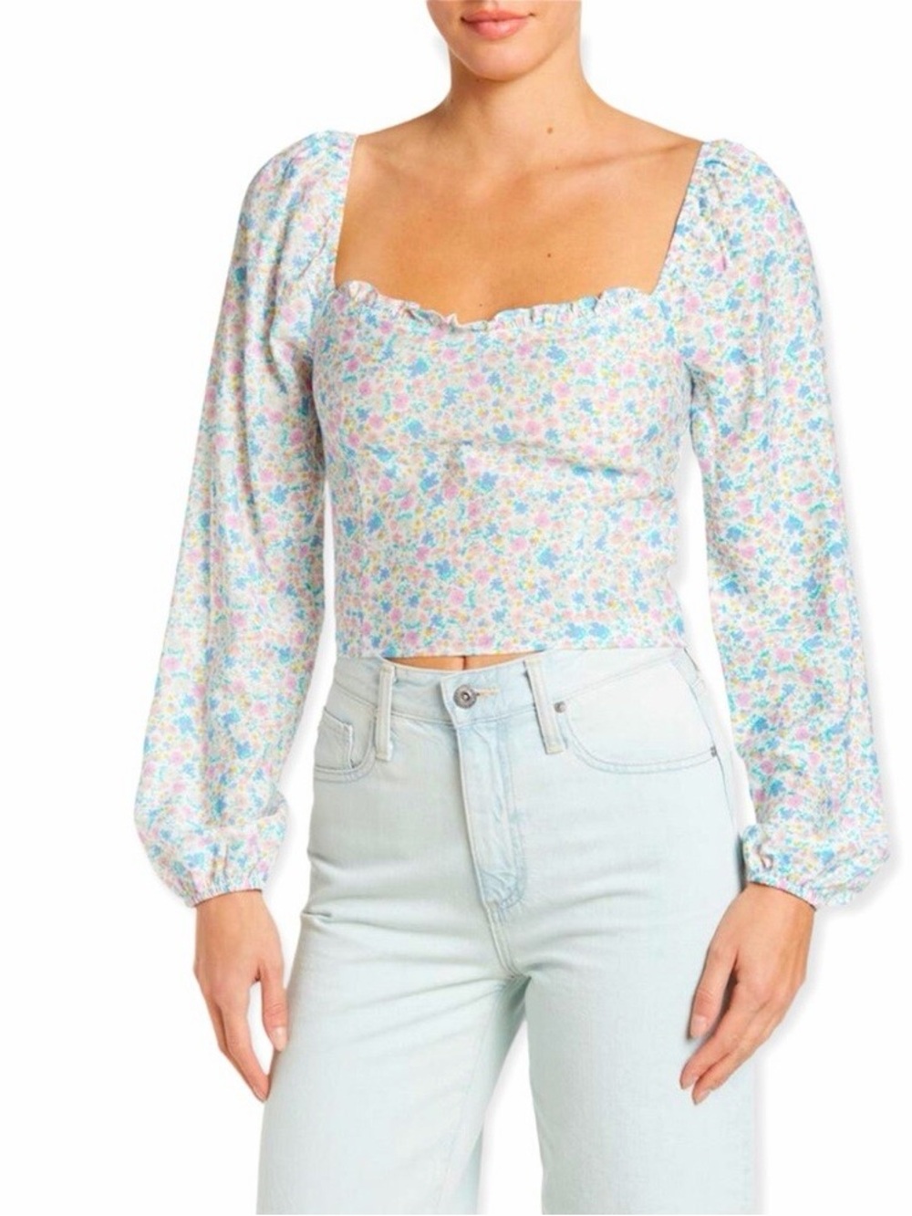 Sophie Rue Floral Smocked Crop Top Womens Medium Puff Sleeve Cottagecore Boho